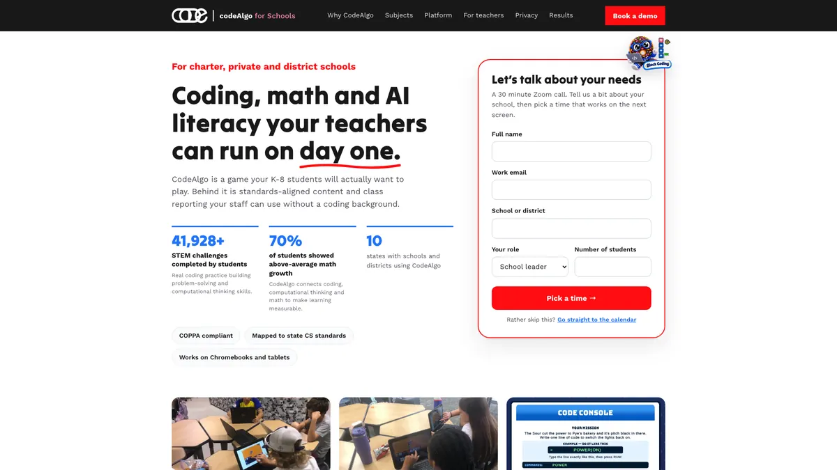 Homepage of CodeAlgo for Schools, a K-8 coding, math and AI literacy platform website built by AlpinePages