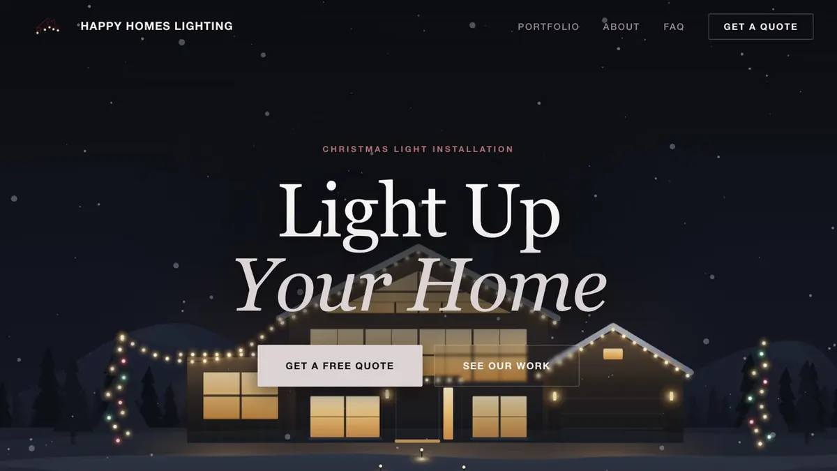 Homepage of Happy Homes Lighting, a Christmas light installation website built by AlpinePages