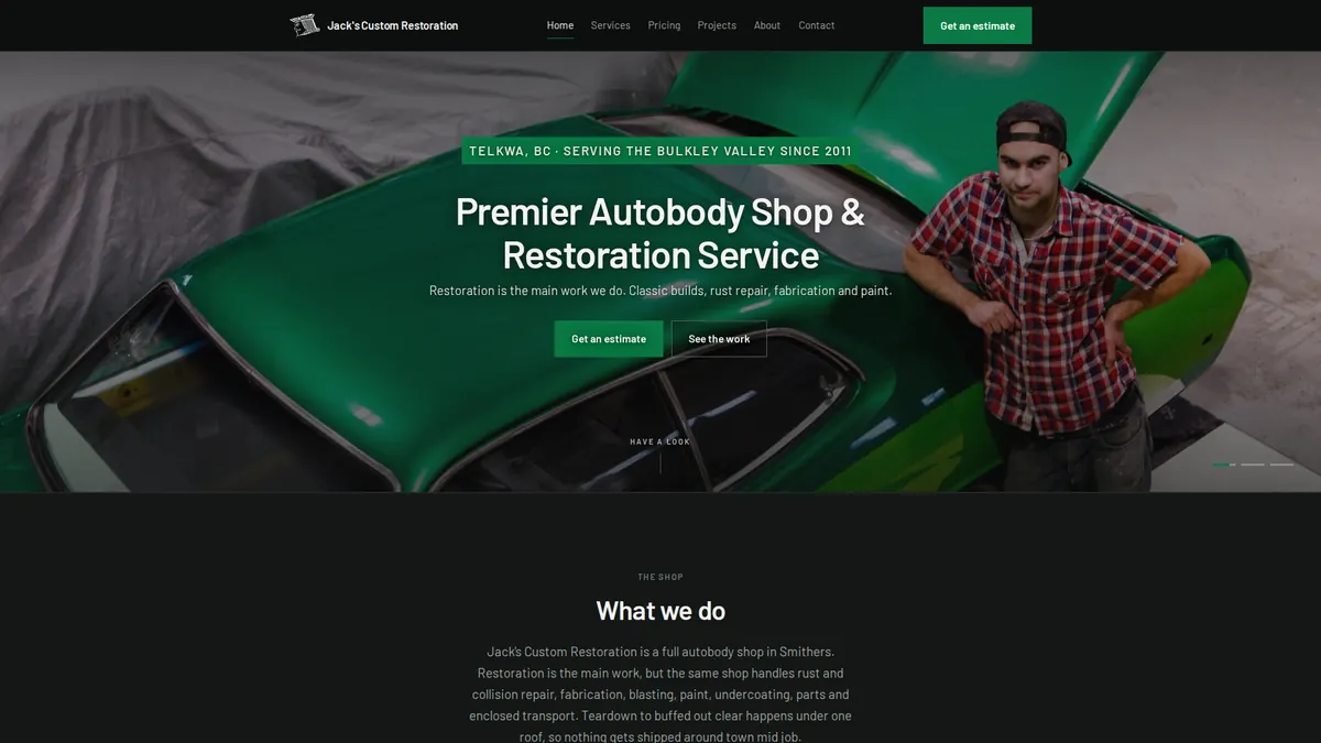 Homepage of Jack's Custom Restoration, an autobody and restoration shop website built by AlpinePages