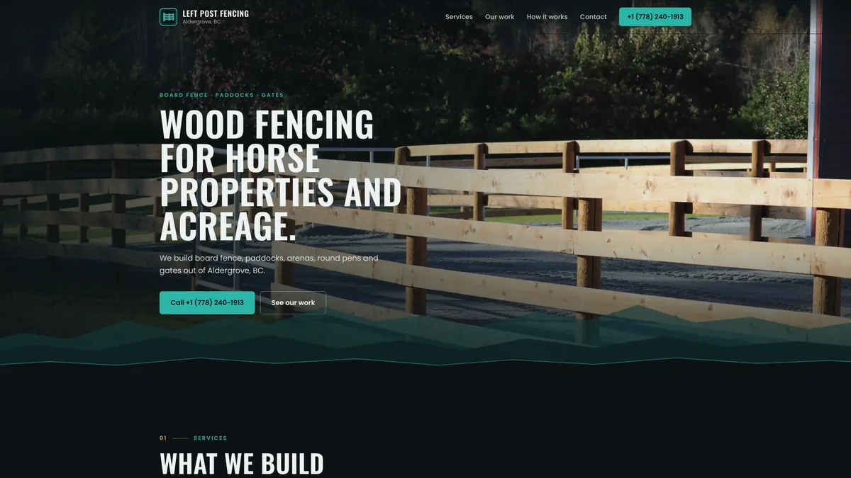 Homepage of Left Post Fencing, a contractor website built by AlpinePages