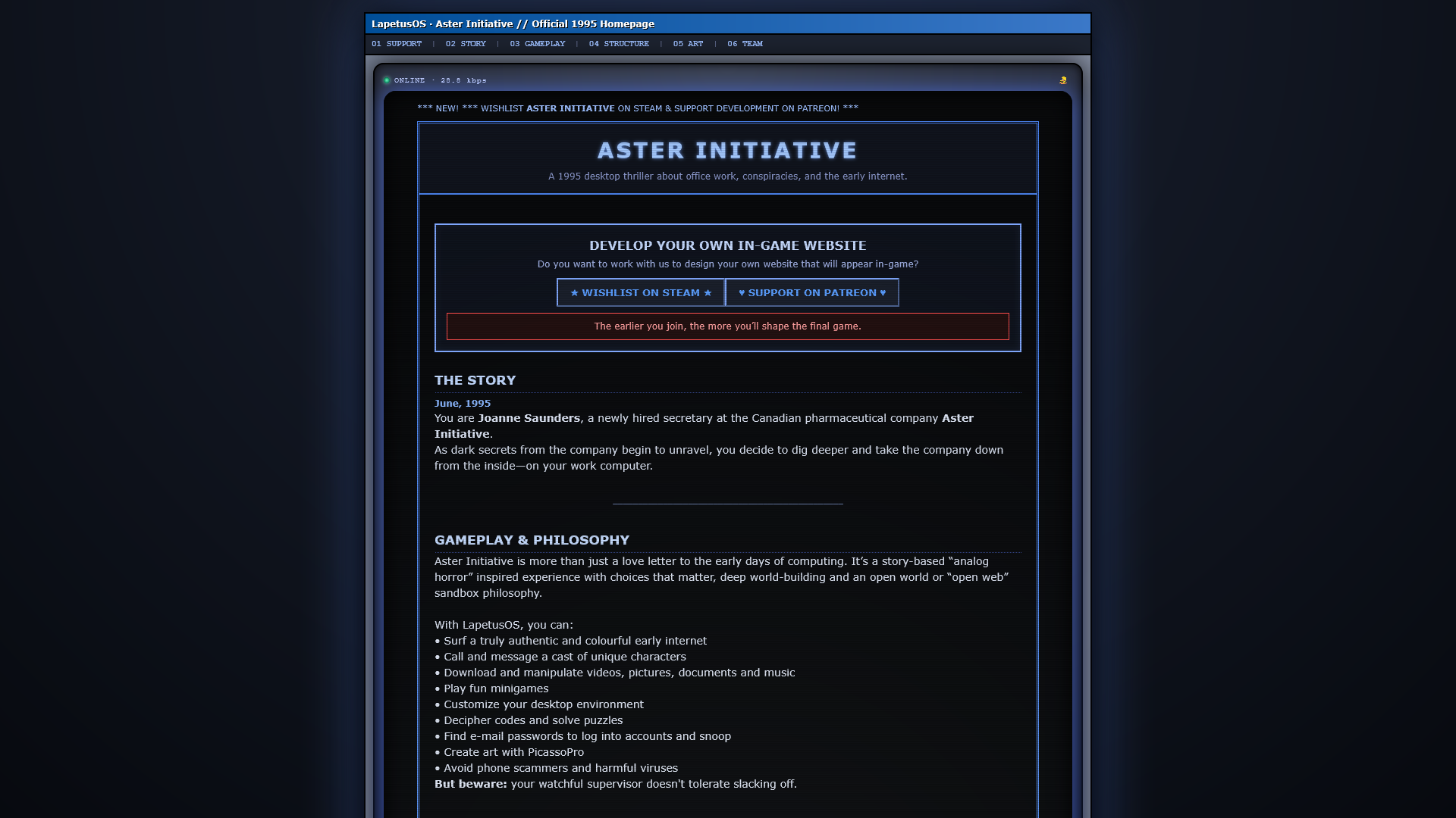 Homepage of Patchbay Games, an indie game studio website built by AlpinePages