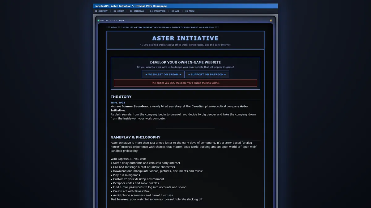 Homepage of Patchbay Games, an indie game studio website built by AlpinePages