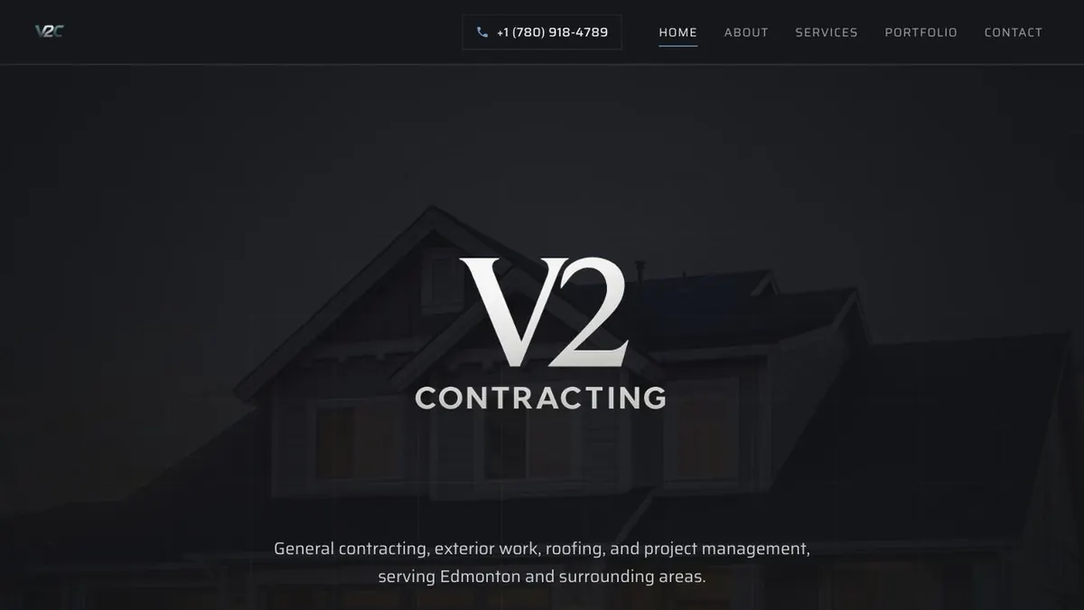 Homepage of V2 Contracting, a general contractor website built by AlpinePages